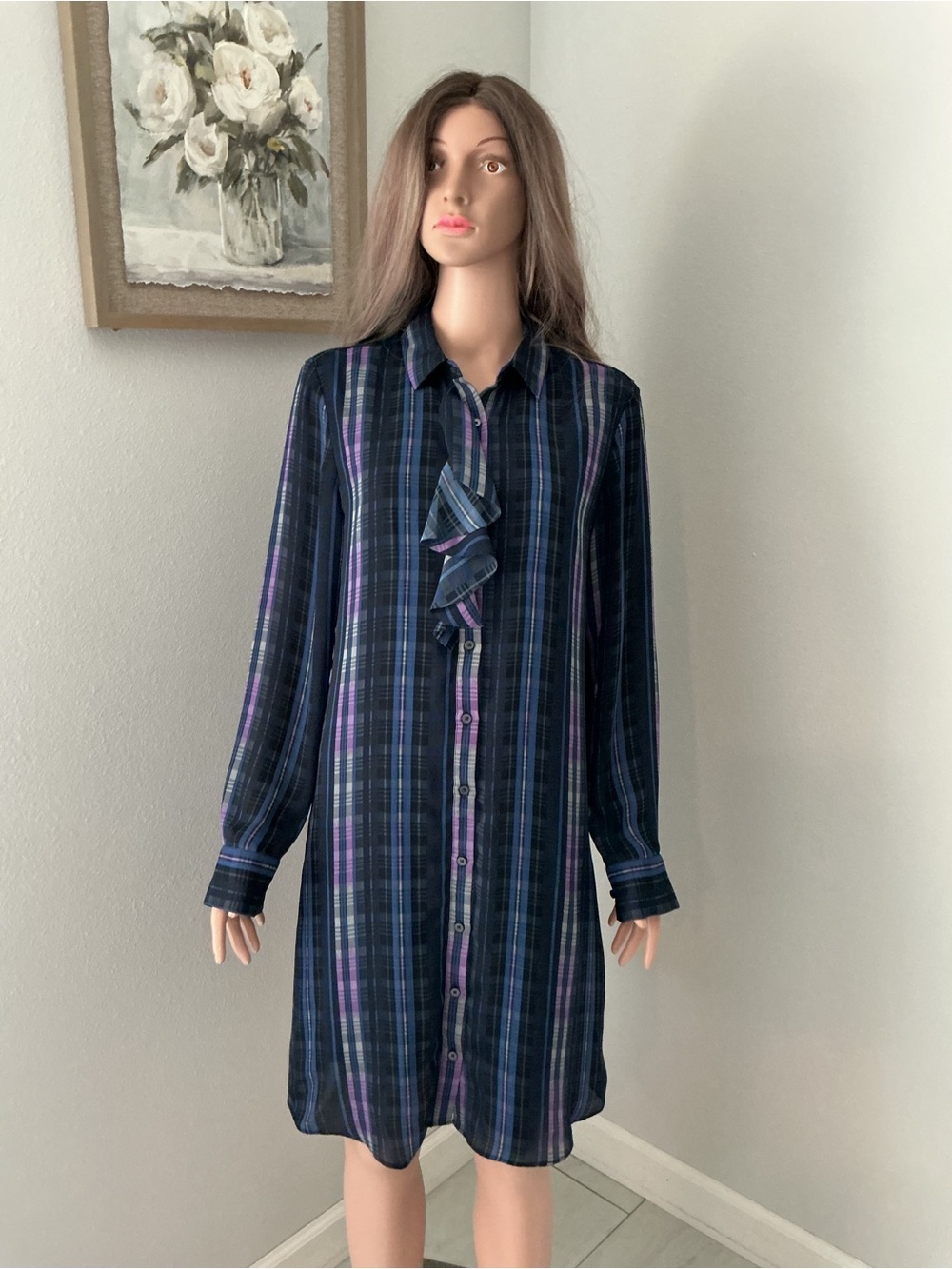 Banana Republic Navy and Purple Plaid Ruffle-Front Long Sleeve Dress